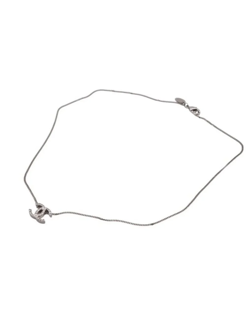 Chanel CC Logo Double Sided Rhinestone Necklace 10 44 Silver Metal